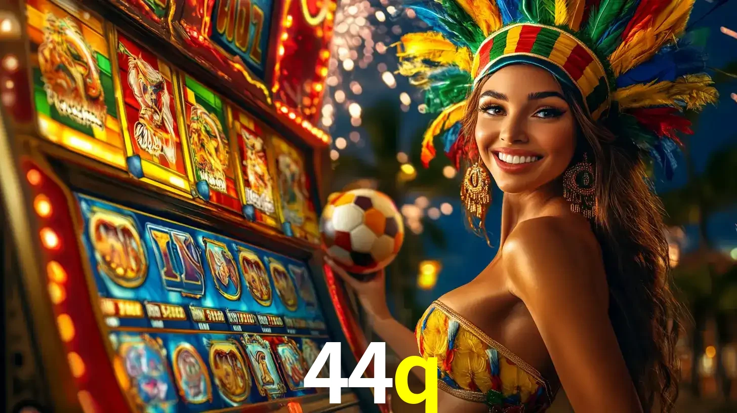 Mulher com um cocar de carnaval ao lado de uma máquina de caça-níqueis enquanto segura uma bola de futebol, mostrando a união da diversão de cassino e esportes no 44q.