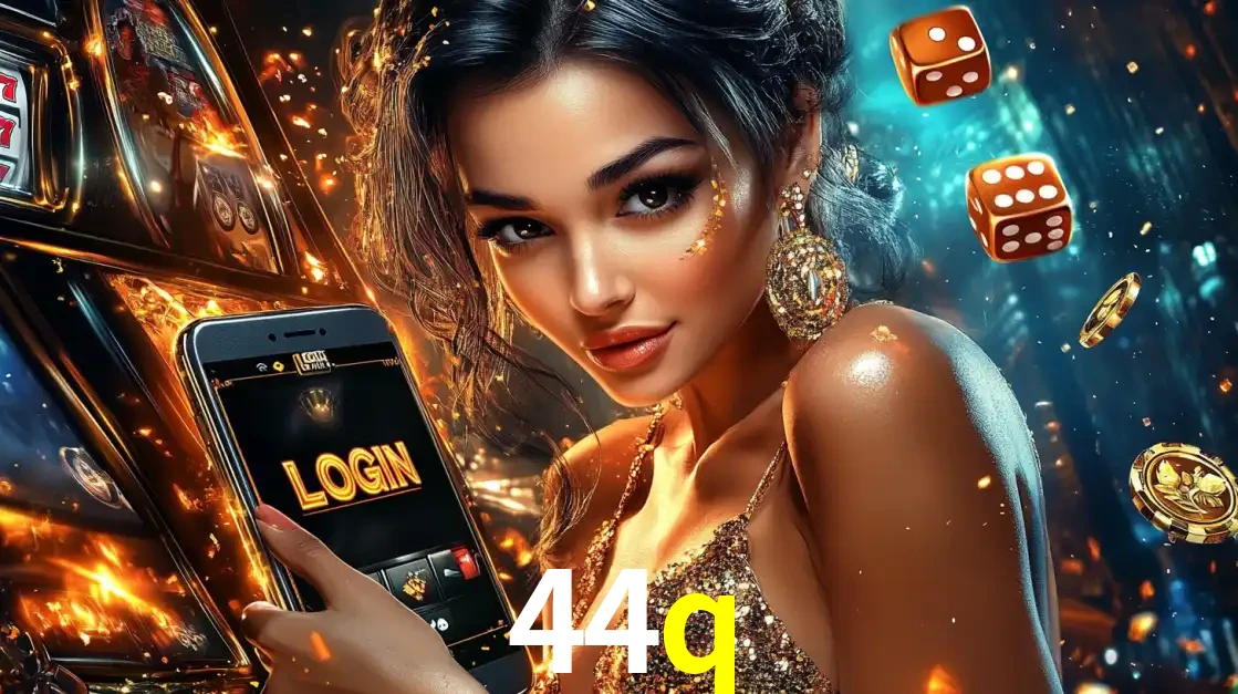 Mulher glamourosa segurando um celular com a tela de login do cassino 44q, rodeada por dados e moedas douradas, pronta para começar a diversão.