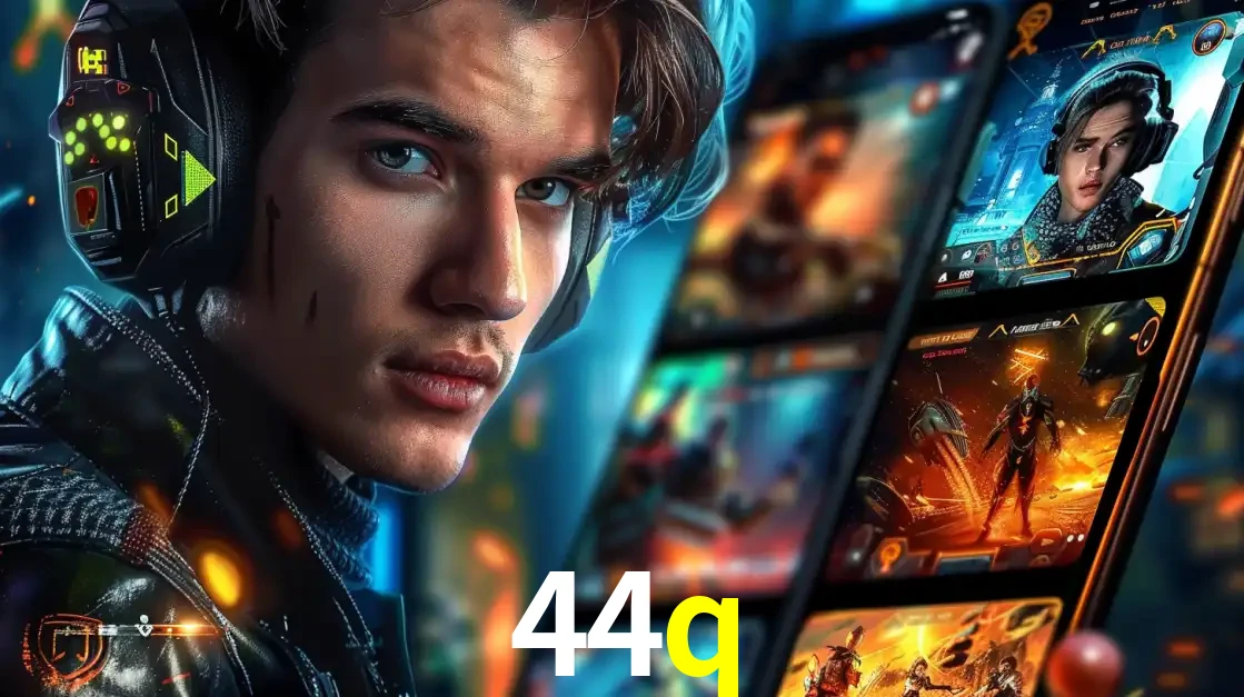 Jovem jogador com fones de ouvido olhando para a câmera, com um aplicativo de jogos e e-sports para celular ao fundo, pronto para a competição e apostas no 44q.