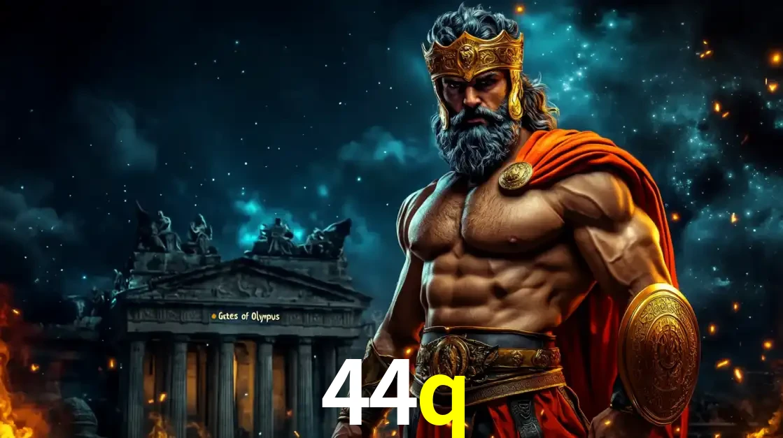 O poderoso Zeus do jogo de slot Gates of Olympus em frente ao seu templo, pronto para lançar multiplicadores divinos e prêmios épicos no cassino online 44q.