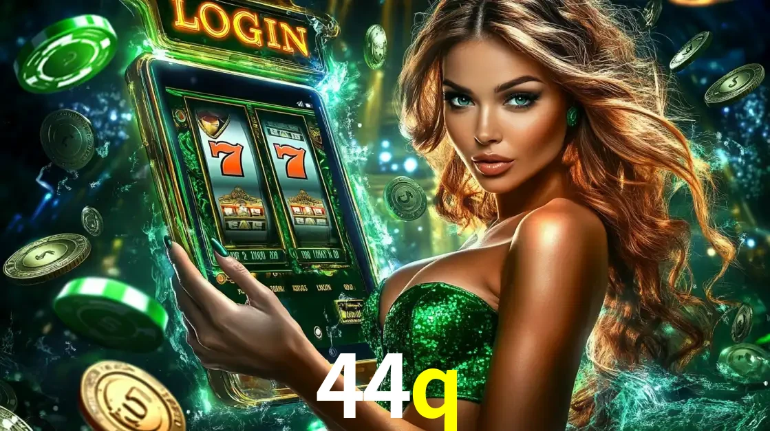 Mulher com tema verde apresentando o aplicativo do cassino 44q com um jogo de slot de 777, cercada por fichas de cassino e uma aura de sorte.