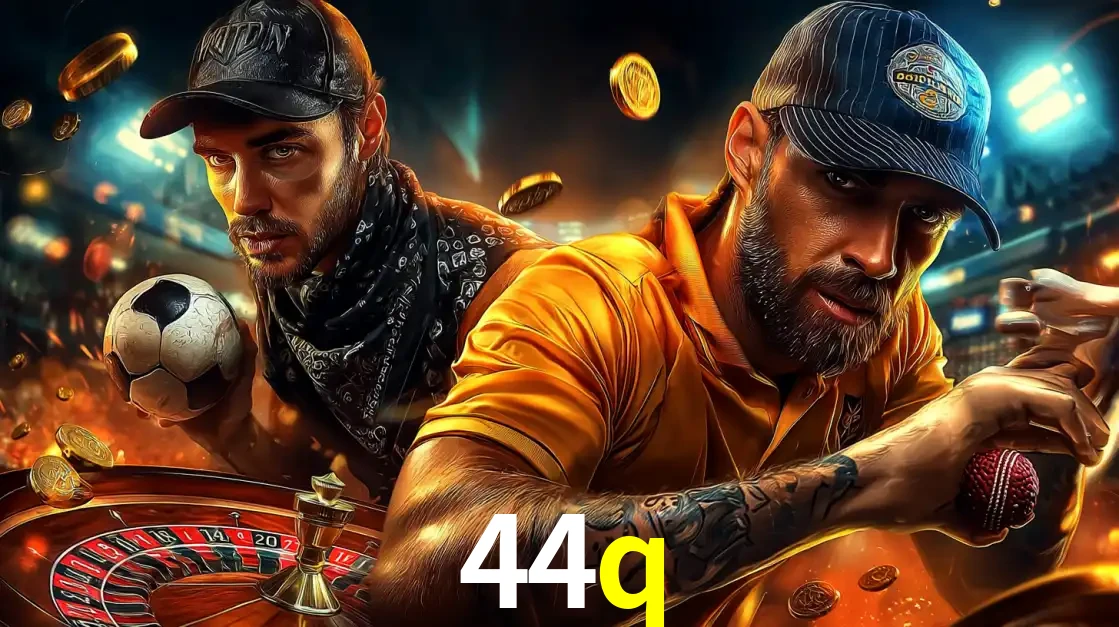 Montagem de apostas esportivas e cassino no 44q, com um homem segurando uma bola de futebol e outro uma de beisebol sobre uma roleta e moedas voadoras.