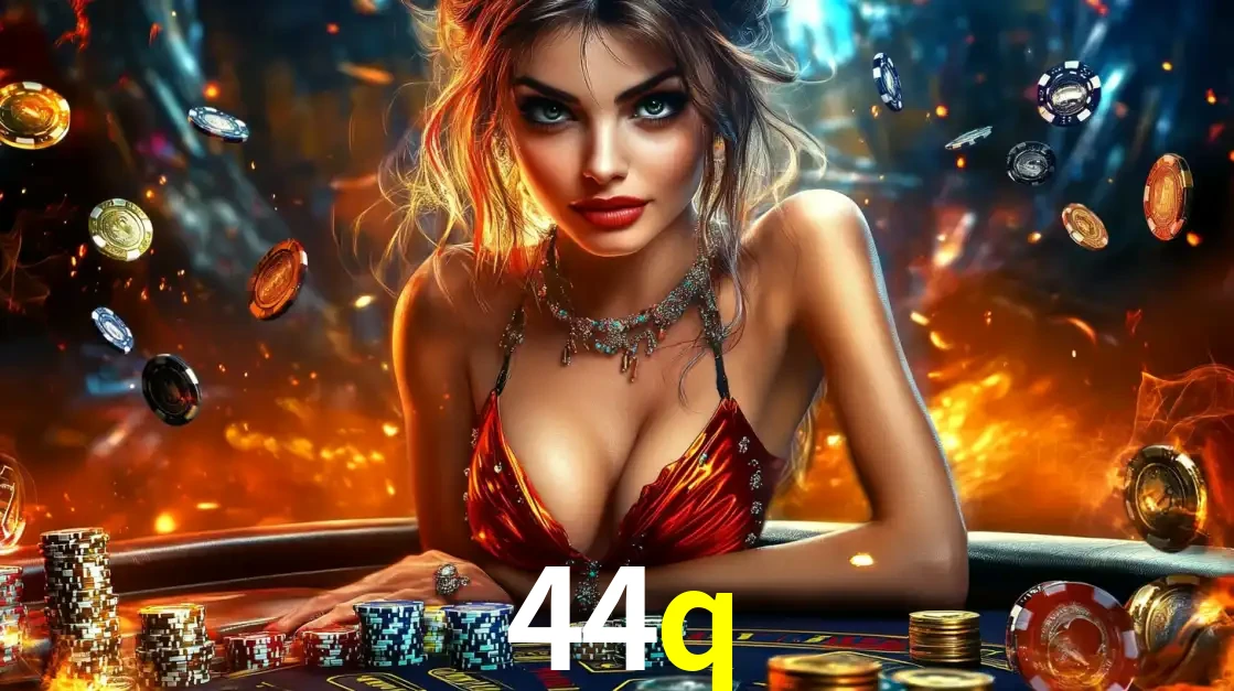 Mulher em uma mesa de cassino com pilhas de fichas e um fundo de fogo, pronta para uma rodada de altas apostas nos jogos de mesa emocionantes do cassino 44q.