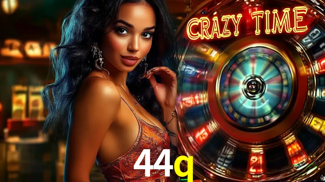 Mulher elegante ao lado da vibrante roda da fortuna do jogo de cassino ao vivo Crazy Time, um dos game shows mais populares e cheios de prêmios do 44q.