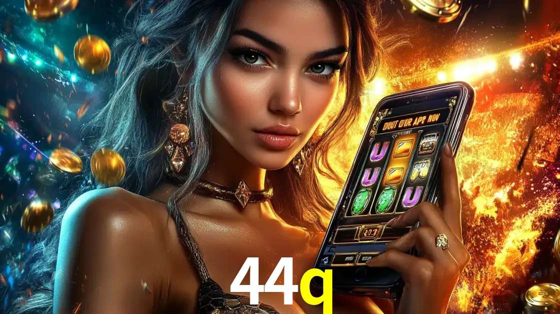 Mulher elegante mostrando um jogo de caça-níqueis em seu smartphone, destacando a experiência de cassino móvel oferecida pelo aplicativo 44q.