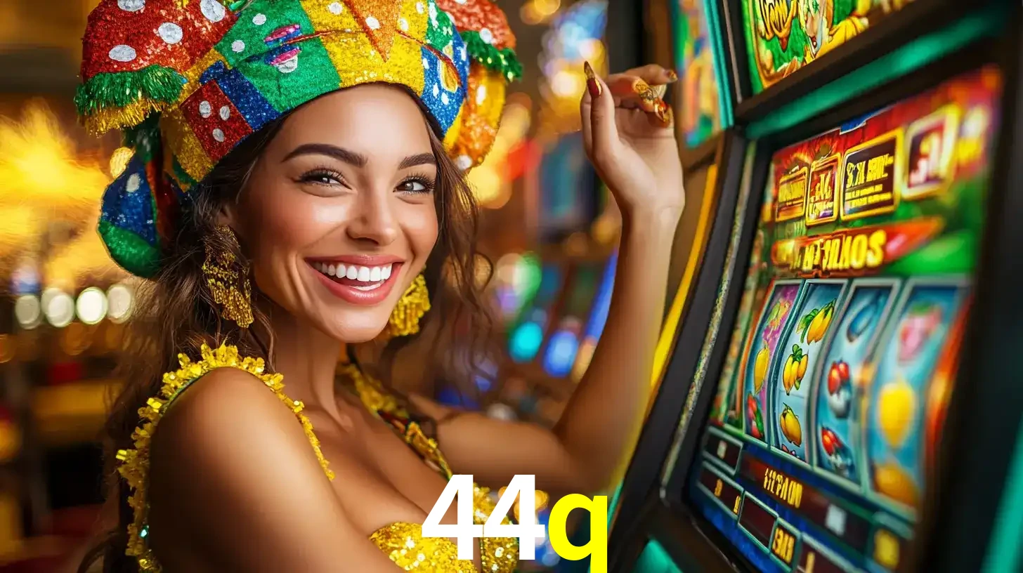 Mulher feliz com traje de carnaval amarelo e colorido ao lado de uma máquina de caça-níqueis, aproveitando a diversão e os jogos temáticos do cassino 44q.