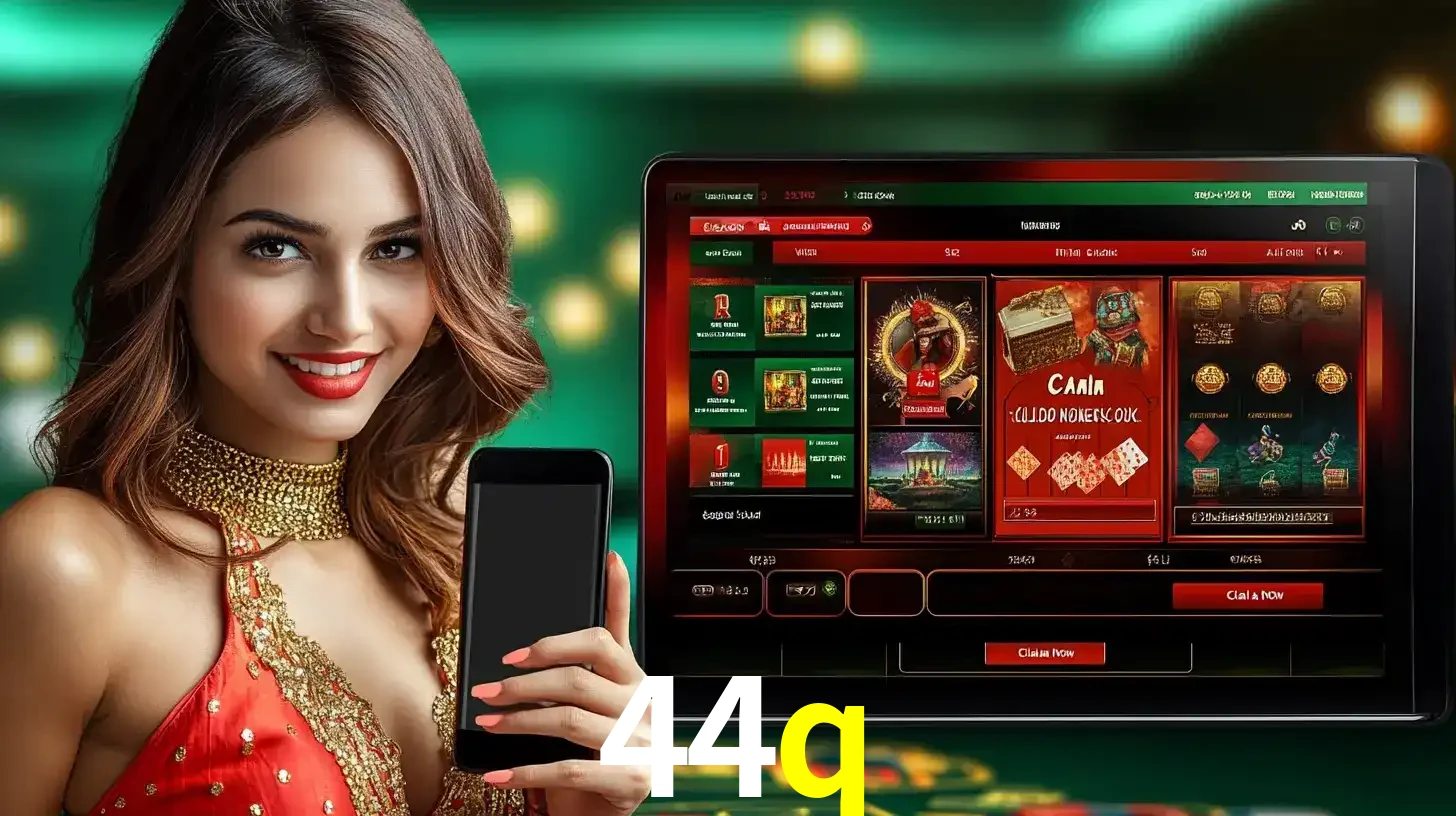Mulher sorridente segurando um smartphone, ao lado de uma tela exibindo o lobby de jogos do cassino online 44q, com várias opções de jogos de cartas e slots.